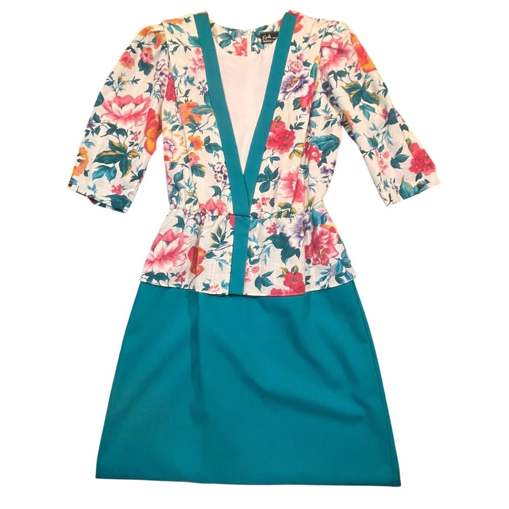 Vintage 90’s Brel Originals Floral Dress Womens Size 12‎ Teal Pink Union Made